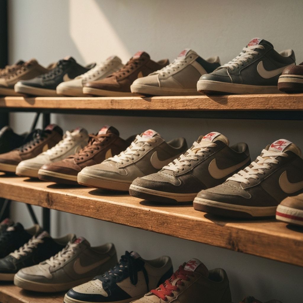 Collection of vintage thrifted sneakers including Air Jordans and Nike shoes